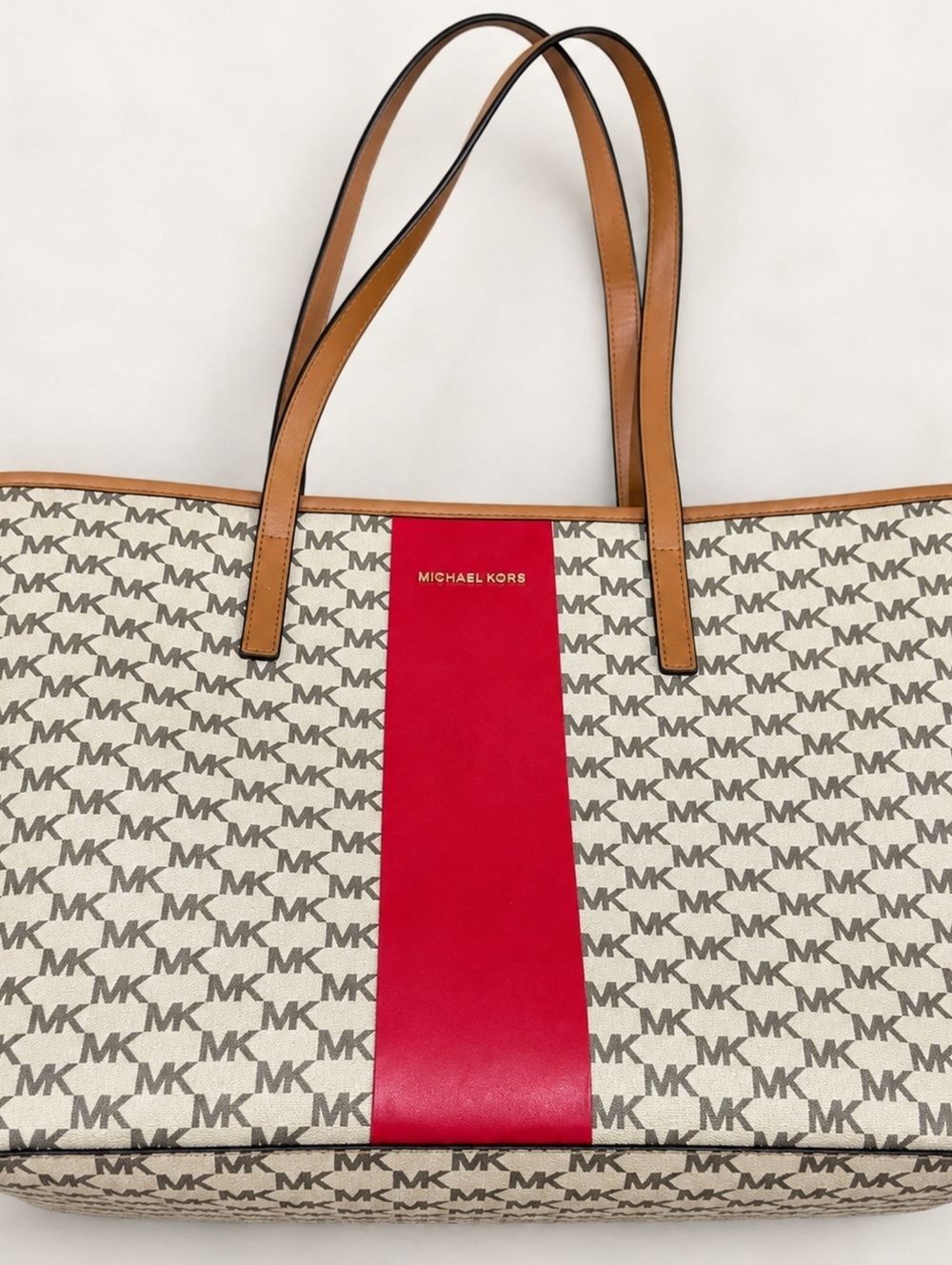 Michael Kors Emry Large Signature Center Stripe Tote Khaki Brown Red